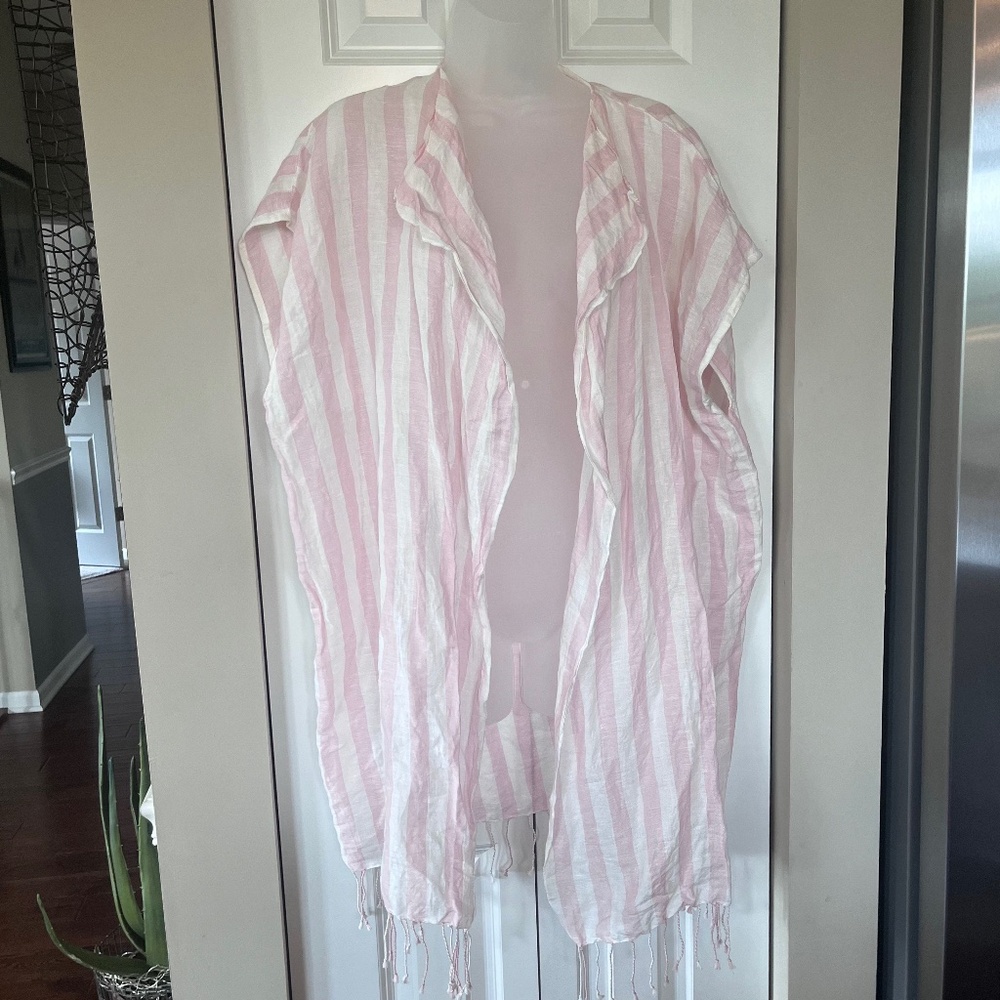 J Crew Pink and white striped beach poncho, linen and cotton blend, size med/L